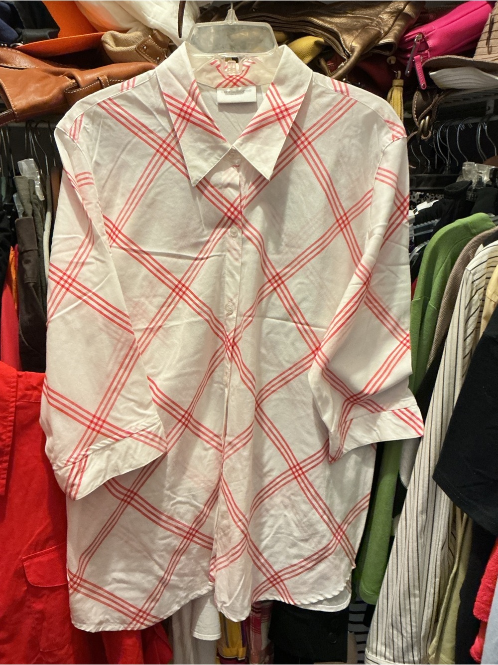 Liz Claiborne LizSport White Button-Down Shirt with Red Plaid, 3/4 Sleeve